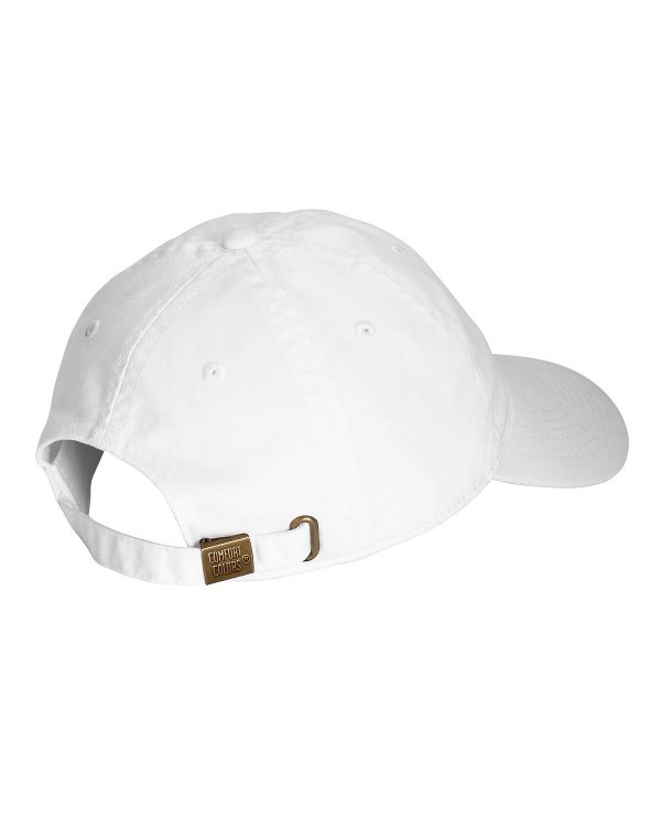 White hat rear view showing adjustment strap and buckle